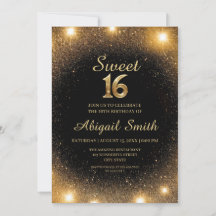 Convite Elegante Black & Dourado Sparkle Sweet 16