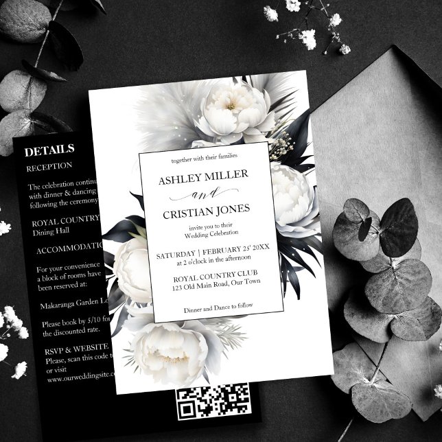 Convite Elegante Black e White Boho todos em um casamento (Elegant Black and white peony flowers boho all in one wedding editable template Invitation download)