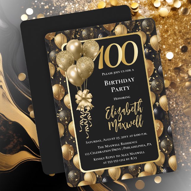 Convite Elegante Black Glitter Balloon 100º Aniversário (Elegant Black Gold-Tone Faux Glitter Balloons Pattern 100th Birthday Party Invitation 
Print Digital)