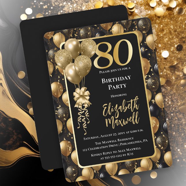 Convite Elegante Black Glitter Balloons 80 de Balões Doura (Elegant Black Gold-Tone Faux Glitter Balloons Pattern 80th Birthday Party Invitation 
Print Digital)