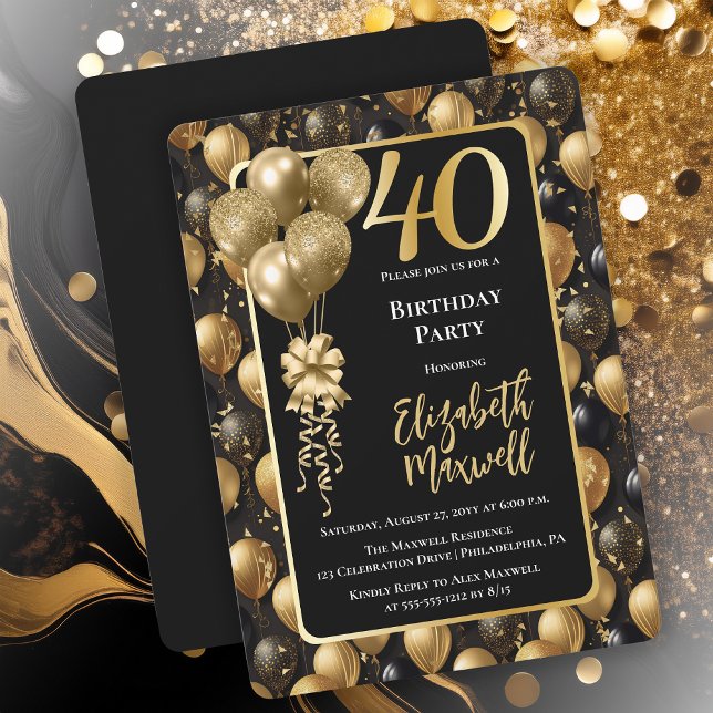 Convite Elegante Black Glitter Balloons aniversário de 40  (Elegant Black Gold-Tone Faux Glitter Balloons Pattern 40th Birthday Party Invitation 
Print Digital)