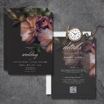 Convite Elegante Black Moody Floral Tudo Em Um<br><div class="desc">ESTE É UM CONVITE TODO NUM, COM DETALHES DE RECEPÇÃO E INFORMAÇÕES ADICIONAIS NO VERSO. Celebre o amor na elegância do eterno. Nosso convite de casamento cativante apresenta um sofisticado fundo preto, a paleta perfeita para um buquê cativante. Imaginem um arranjo de esquina, reminiscente de uma obra-prima barroca, pintada em...</div>