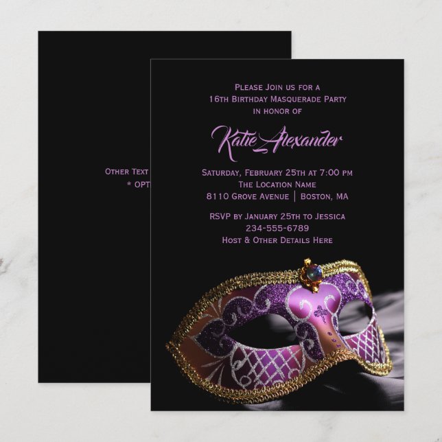Convite Elegante Black Purple Sweet 16 Party (Frente/Verso)