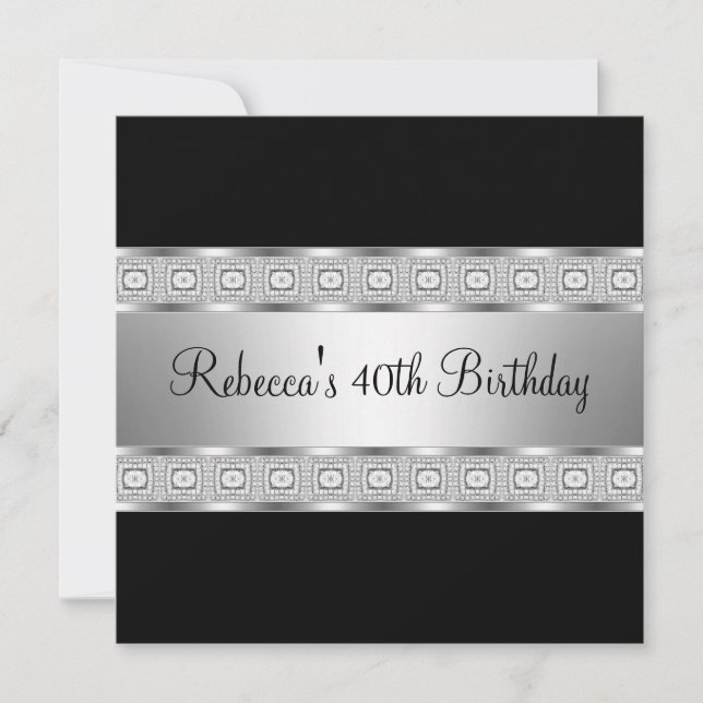 Convite Elegante Black Silver Jewel aniversário de 40 anos (Frente)
