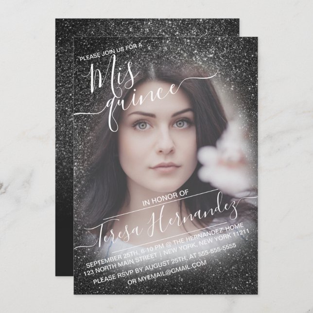 Convite Elegante Black Sparkly Foto Glitter Quinceañera (Frente/Verso)