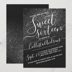 Convite Elegante Black Sparkly Glitter Ombre Sweet 16