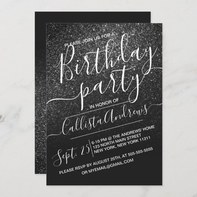 Convite Elegante Black Sparkly Ombre Birthday (Frente/Verso)