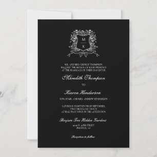 Convite Elegante Black Vintage Crest Line Art QR Code Foto