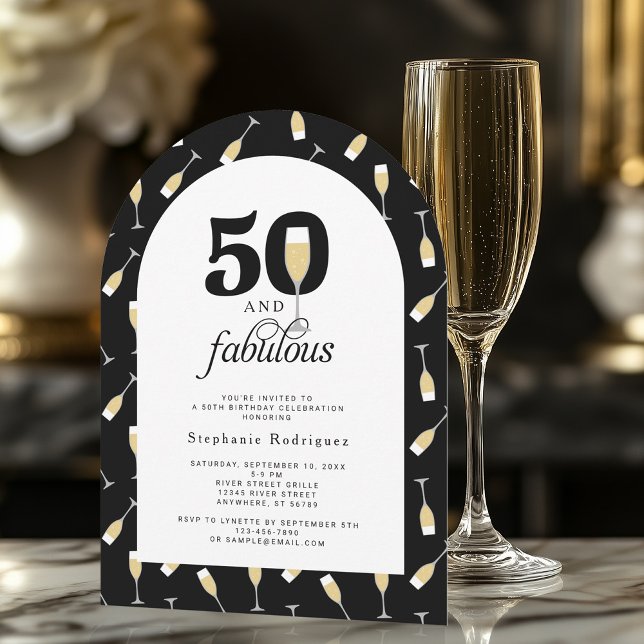 Convite Elegante Black White 50 Fabuloso Aniversário (Shown on a 5" x 7" arch shape invitation)