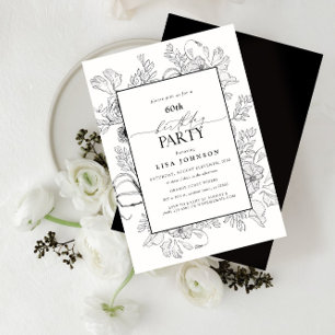 Convite Elegante Black White 60th Birthday Floral Line Art