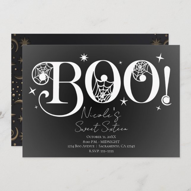 Convite Elegante Black White BOO Magical Halloween Sweet 1 (Frente/Verso)