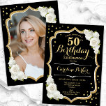 Convite Elegante Black White Photo 50th Birthday<br><div class="desc">Elegante convite de 50 anos florais com sua foto no fundo do cartão. Design preto e branco com ouro brilhante. Possui rosas brancas, fonte de script e confetti. Perfeito para uma festa de comemoração de na moda adulto. Personalize com seus próprios detalhes. Pode ser personalizado para qualquer idade! Impressos convites...</div>