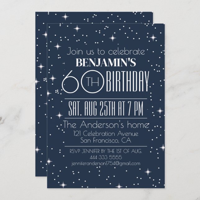 Convite Elegante Blue 60th Birthday Invitation design (Frente/Verso)