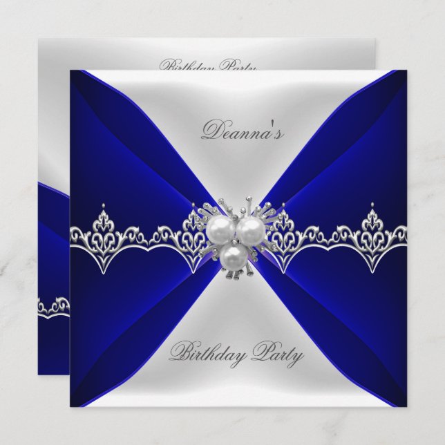 Convite Elegante Blue Birthday Jewel White Silk (Frente/Verso)