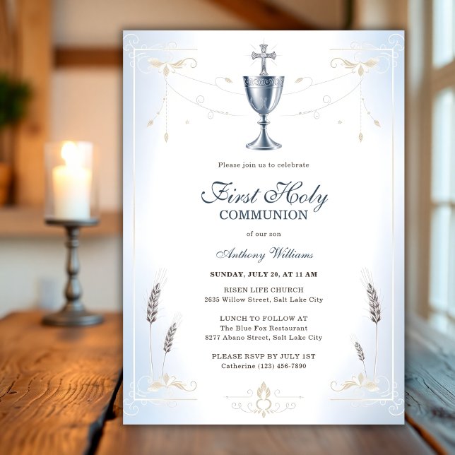 Convite Elegante Blue Católico Primeira Comunhão Santa (Elegant Blue Catholic Boy First Holy Communion Invitation)