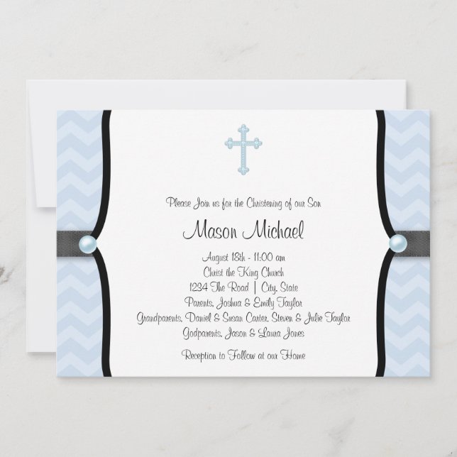 Convite Elegante Blue Chevron Christening (Frente)