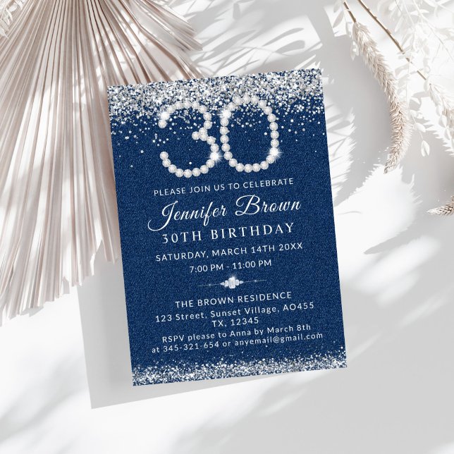 Convite Elegante Blue Denim e aniversário de 30 anos de Ou (Diamonds and Denim 30th Birthday Party Invitation)