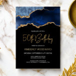 Convite Elegante Blue Dourado Agate 50th Festa de aniversá<br><div class="desc">Este convite de aniversário de 50 anos de tendência apresenta uma imagem de aquarela de um geode agado em tons de azul com realces de ouro falsos. As palavras "50º Aniversário" aparecem na falsa brilha dourada em letra decorativa moderna de escrita manual. Personalize-o com o nome do honroso em texto...</div>