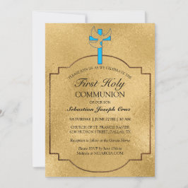 Convite Elegante Blue Dourado Cross First Communance