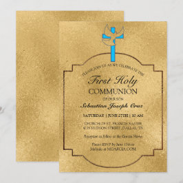 Convite Elegante Blue Dourado Cross First Communance