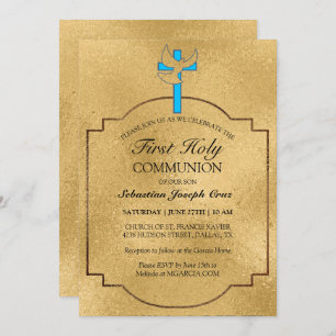 Convite Elegante Blue Dourado Cross First Communance