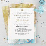 Convite Elegante Blue Dourado e Silver Celestial Bat Mitzv<br><div class="desc">Atraia amigos e família com este belo e elegante convite do Bat Mitzvah! Design com delicada cor d'água e fundo celeste de tinta em tons azuis, aqua, dourados e prateados, com estrelas cintilantes e borras douradas. Capacidade de adicionar seus detalhes de cerimônia e recepção, almoço, janto ou festa! Ideal para...</div>