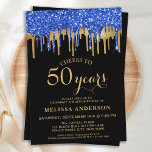 Convite Elegante Blue Dourado Glitter Drips 50 Birthday<br><div class="desc">Convide amigos e família para a sua festa de aniversário com estes elegantes convites de aniversário azuis, dourados e brilhantes pretos que usam 50º e suprimentos de festas. Este elegante convite de aniversário chic apresenta 'Saúde a 50 Anos', personalize anos por 30, 40, 60, 70, 80, 90 ou qualquer idade....</div>