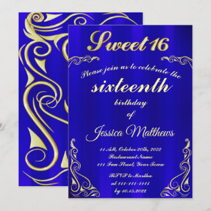 Convite Elegante Blue e Dourada Tipografia Sweet 16
