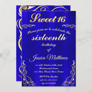 Convite Elegante Blue e Dourada Tipografia Sweet 16