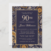 Elegante Blue e Dourado Patterno 90 de Aniversário