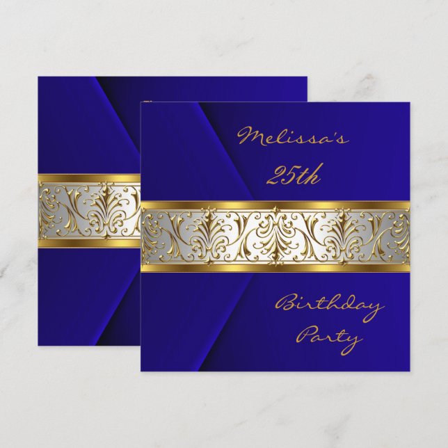 Convite Elegante Blue Faux Velvet Gold Trim 25 (Frente/Verso)