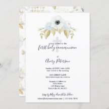 Elegante Blue Floral Cross First Santa Comunhão