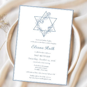 Convite Elegante Blue Floral Jewish Star Chic Bat Mitzvah