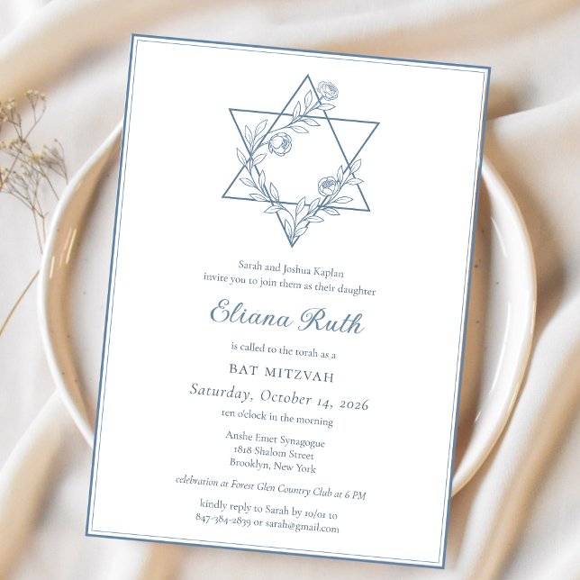 Convite Elegante Blue Floral Jewish Star Chic Bat Mitzvah (Criador carregado)