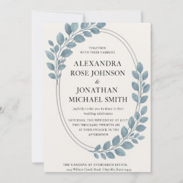 Convite Elegante Blue Greenery e Silver Oval Moderno