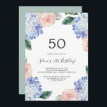 Convite Elegante Blue Hydrangea | Festa de aniversário bra<br><div class="desc">Este elegante convite de aniversário azul hydrangea 50th é perfeito para um primavera ou festa de aniversário de verão. O clássico design floral apresenta faixas de cor azul-d-água de pó macio,  acentuadas com flores cor-de-rosa e folhas verdes,  cor-de-rosa e borrado neutro.</div>