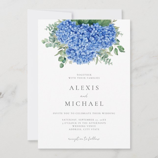 Convite Elegante Blue Hydrangea Floral (Frente)