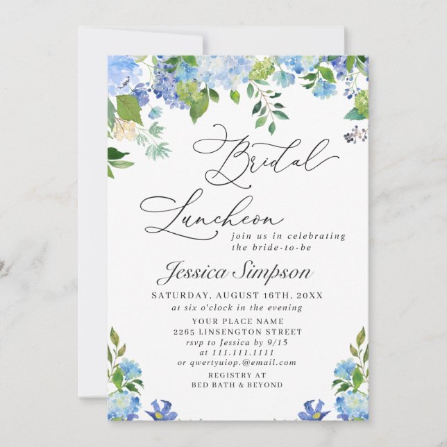 Convite Elegante Blue Hydrangea Watercolor Bridal (Frente)