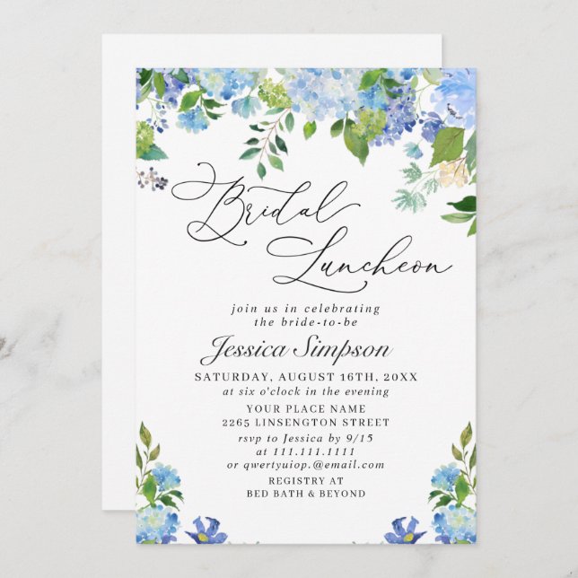Convite Elegante Blue Hydrangea Watercolor Bridal (Frente/Verso)