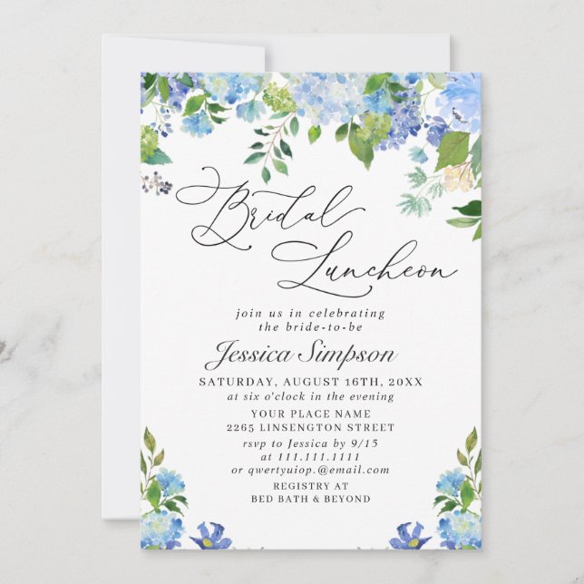 Convite Elegante Blue Hydrangea Watercolor Bridal (Frente)