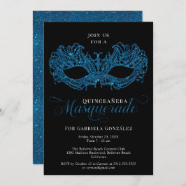 Convite Elegante Blue Mascarada Mask Quinceanera