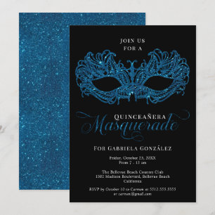 Convite Elegante Blue Mascarada Mask Quinceanera