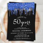 Convite Elegante Blue Silver Black Glitter Drip 50 Birthda<br><div class="desc">Convide amigos e família para a sua festa de aniversário com estes elegantes convites de aniversário azuis, prateados e negros, e suprimentos de festa. Este elegante convite de aniversário chic apresenta 'Saúde a 50 Anos', personalize anos por 30, 40, 60, 70, 80, 90 ou qualquer idade. Este design azul e...</div>
