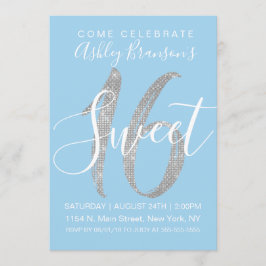 Convite Elegante Blue Silver Sequin Glitter Sweet 16