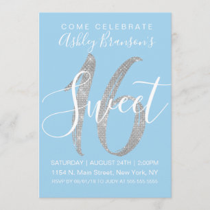 Convite Elegante Blue Silver Sequin Glitter Sweet 16