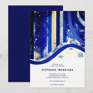 Convite Elegante Blue Stripes Spatters Chá de fraldas Est