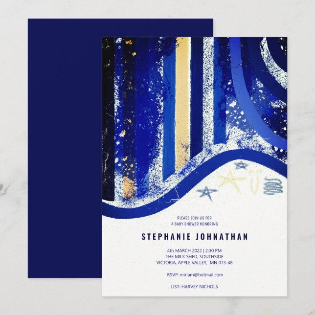 Convite Elegante Blue Stripes Spatters Chá de fraldas Estr (Frente/Verso)