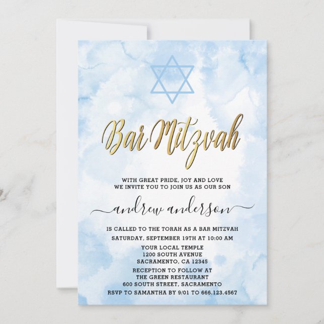 Convite Elegante Blue Watercolor Bar Mitzvah (Frente)