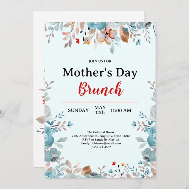 Convite Elegante Blue Wildflower Mint Brunch Dia de as mãe (Frente/Verso)