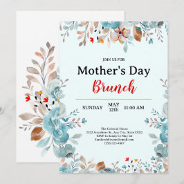 Convite Elegante Blue Wildflower Mint Brunch Dia de as mãe